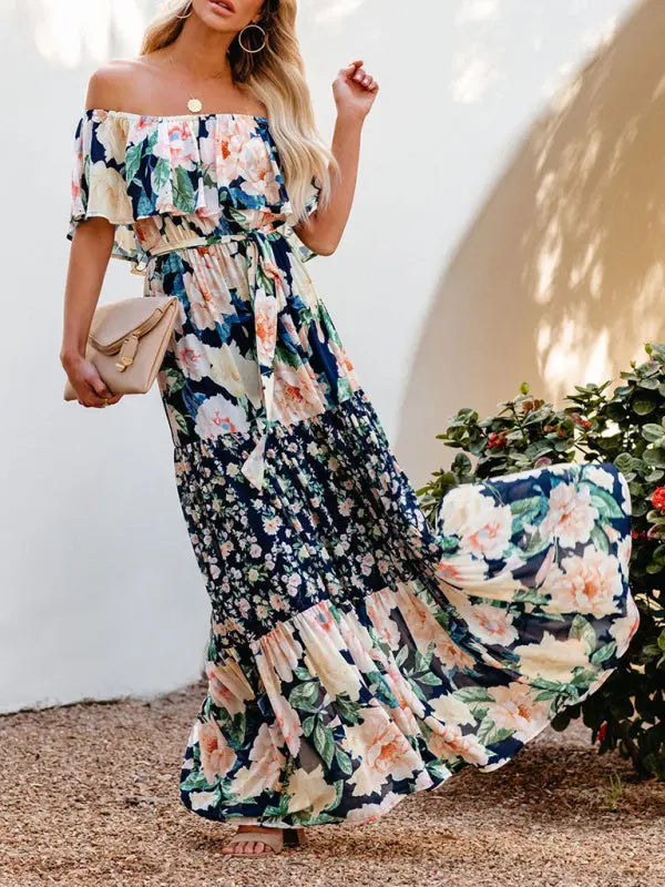 one-shoulder printed long swing dress BLUE ZONE PLANET