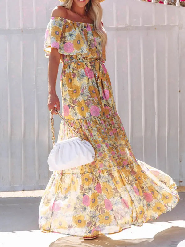 one-shoulder printed long swing dress BLUE ZONE PLANET