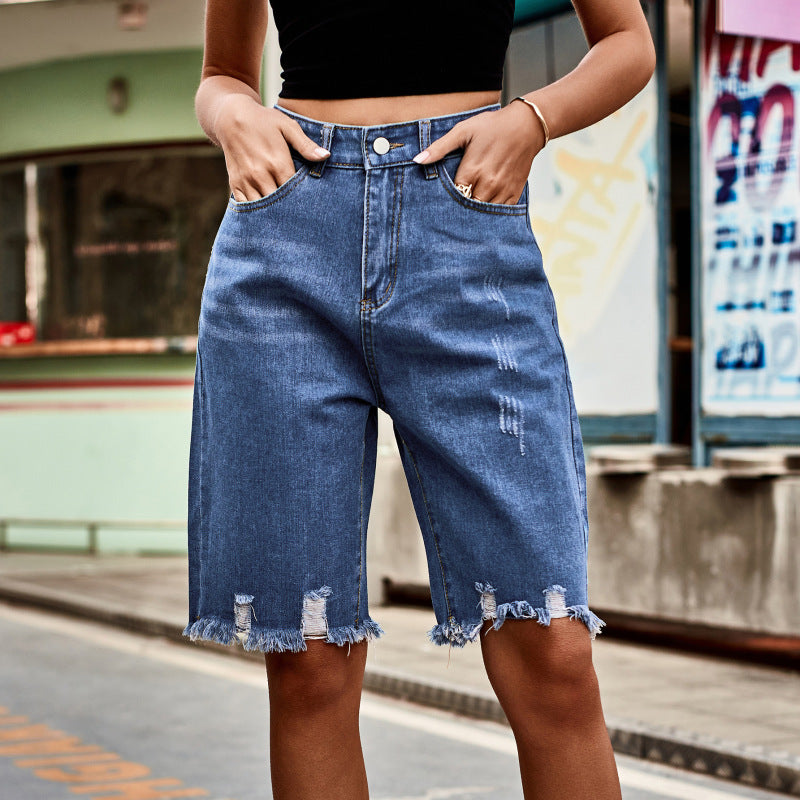 Gaia's ripped raw edge fringed five point jean shorts kakaclo