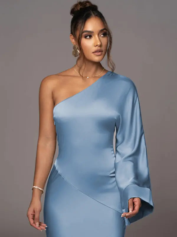 satin stitching one-shoulder sleeves diagonal collar exposed backpack hip dress BLUE ZONE PLANET
