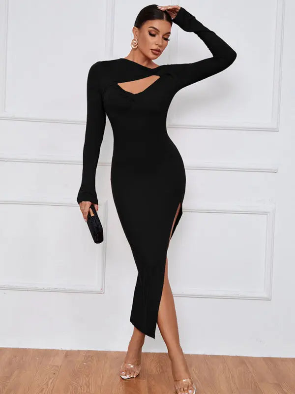slim package hip tight dress open long-sleeved dress BLUE ZONE PLANET