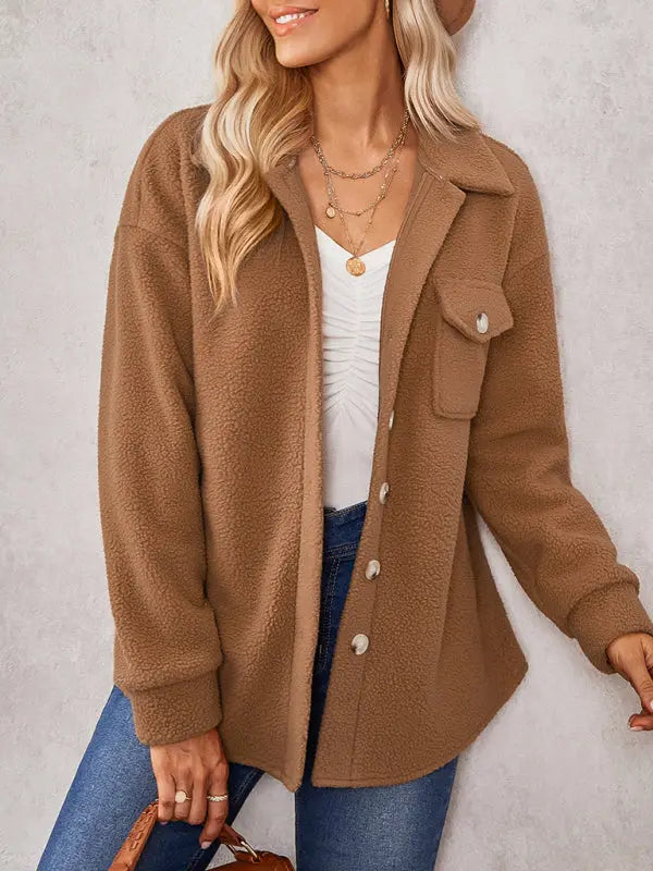 solid color fashion Lapel Plush loose coat BLUE ZONE PLANET