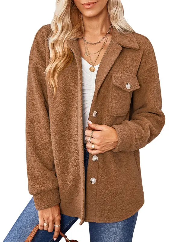 solid color fashion Lapel Plush loose coat BLUE ZONE PLANET