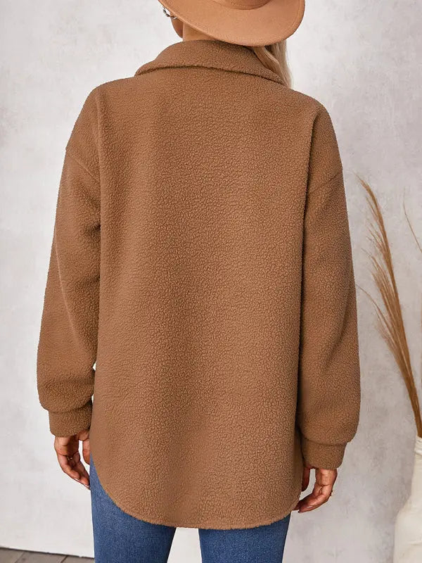 solid color fashion Lapel Plush loose coat BLUE ZONE PLANET