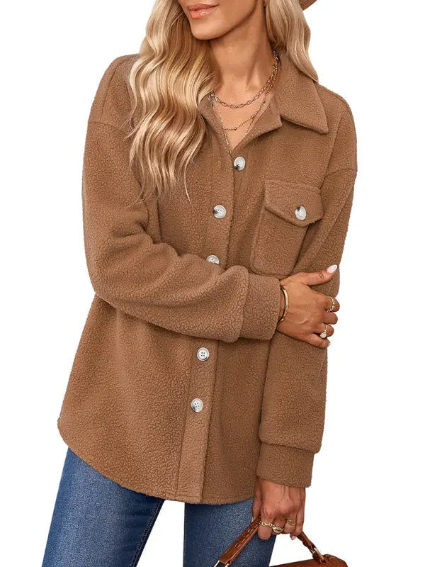 solid color fashion Lapel Plush loose coat BLUE ZONE PLANET