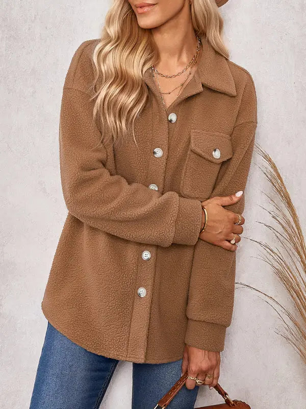 solid color fashion Lapel Plush loose coat BLUE ZONE PLANET