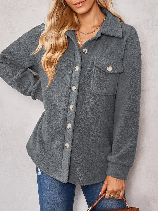 solid color fashion Lapel Plush loose coat BLUE ZONE PLANET