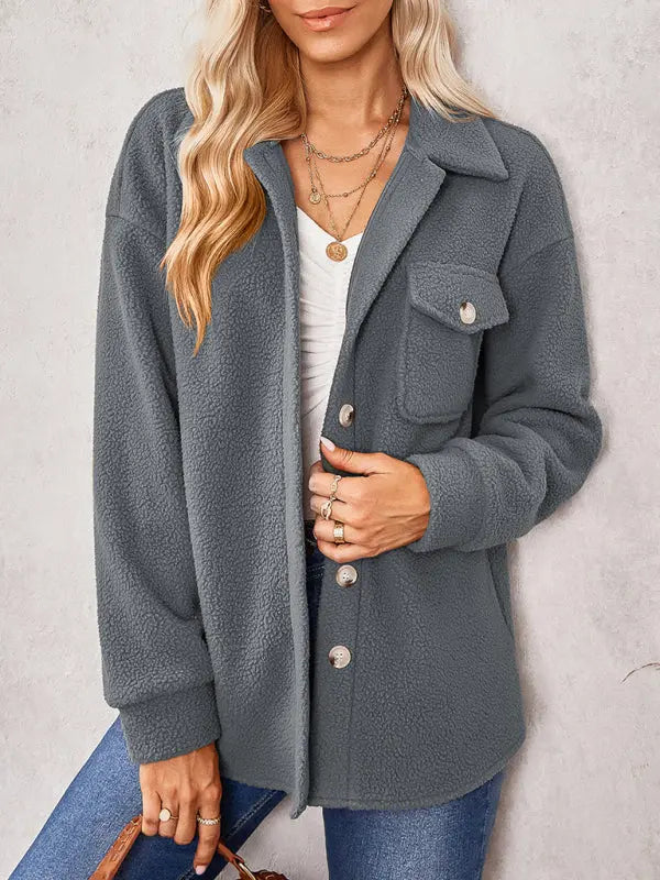 solid color fashion Lapel Plush loose coat BLUE ZONE PLANET