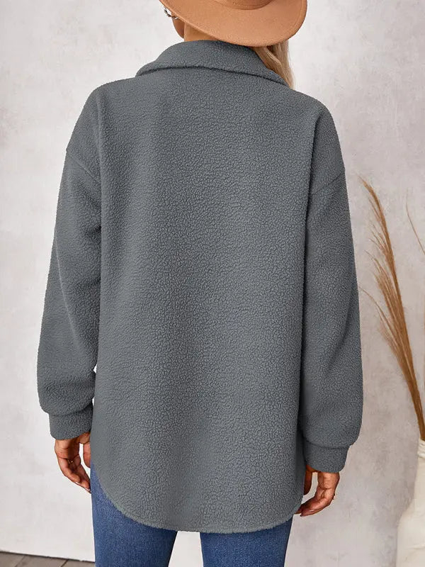 solid color fashion Lapel Plush loose coat BLUE ZONE PLANET
