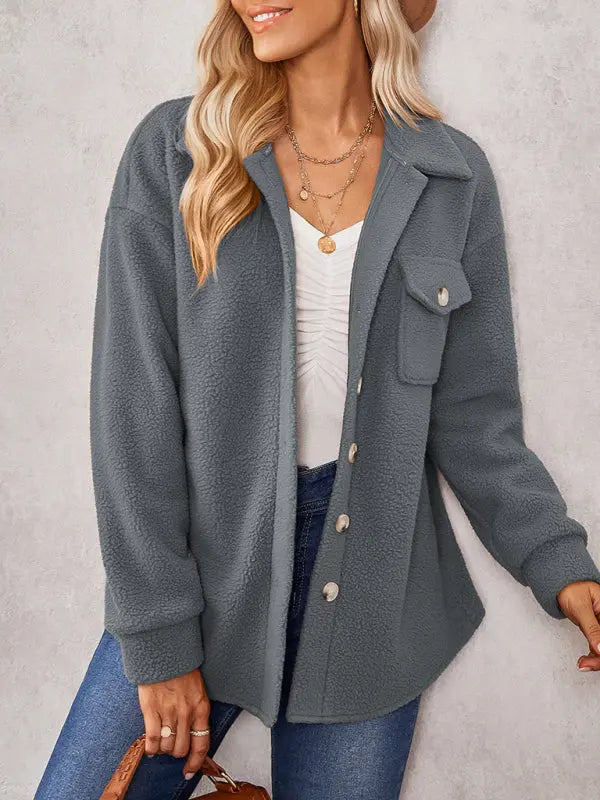 solid color fashion Lapel Plush loose coat BLUE ZONE PLANET