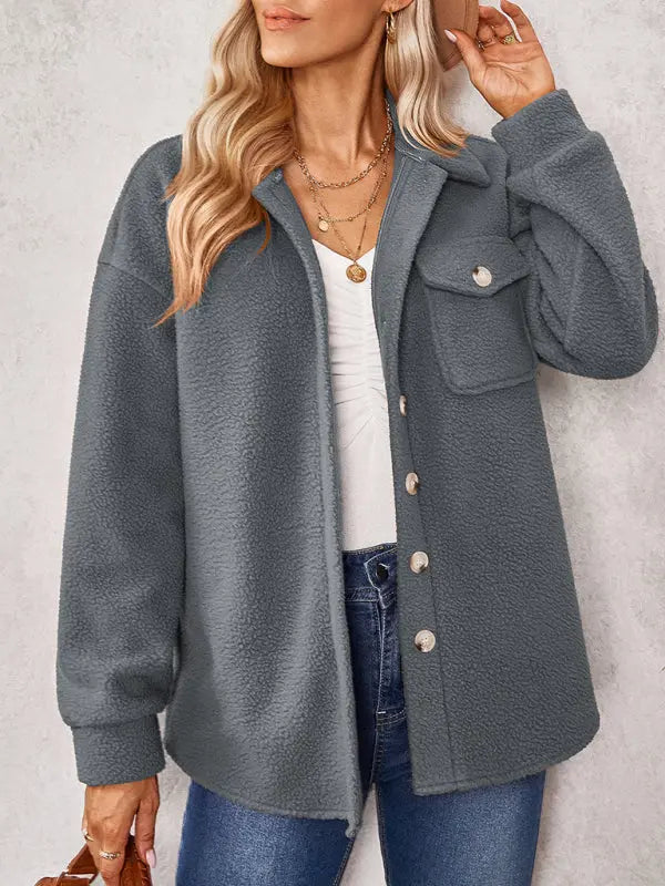 solid color fashion Lapel Plush loose coat BLUE ZONE PLANET