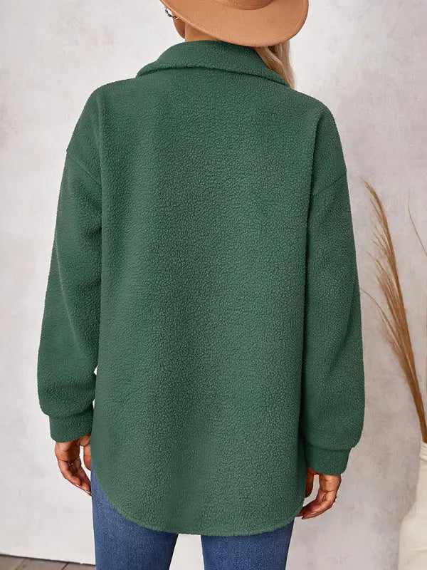 solid color fashion Lapel Plush loose coat BLUE ZONE PLANET