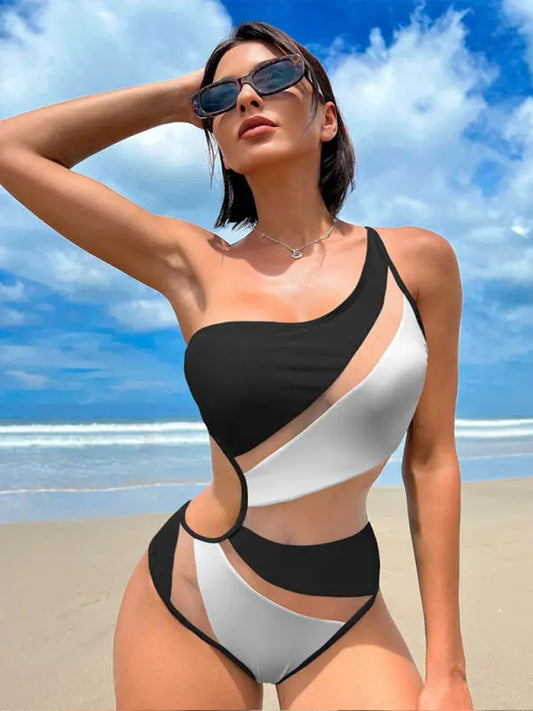 solid color hollow mesh bikini one-piece swimsuit BLUE ZONE PLANET