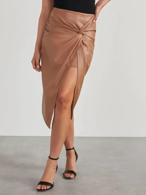 solid color slit mid-length hot girl butt-covering leather skirt kakaclo