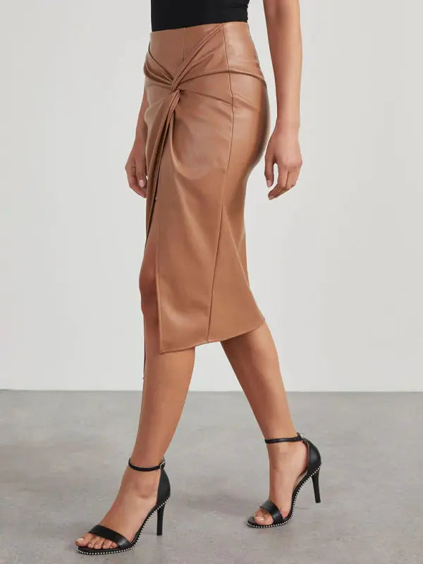 solid color slit mid-length hot girl butt-covering leather skirt kakaclo