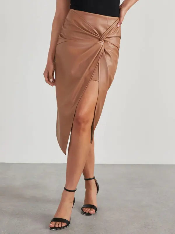 solid color slit mid-length hot girl butt-covering leather skirt kakaclo