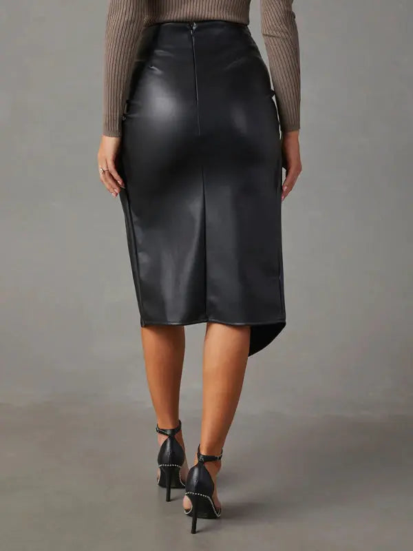 solid color slit mid-length hot girl butt-covering leather skirt kakaclo