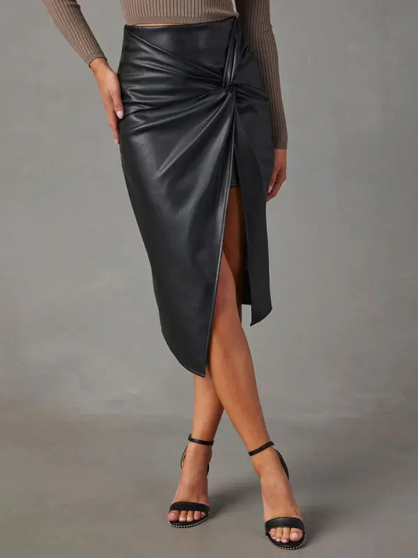 solid color slit mid-length hot girl butt-covering leather skirt kakaclo