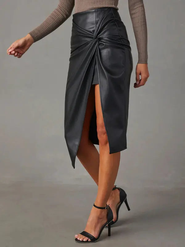 solid color slit mid-length hot girl butt-covering leather skirt kakaclo