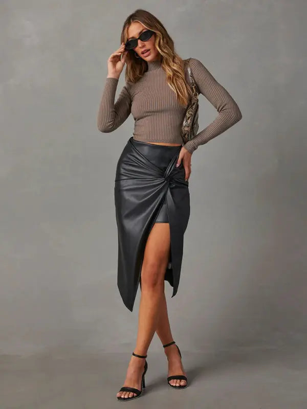 solid color slit mid-length hot girl butt-covering leather skirt kakaclo