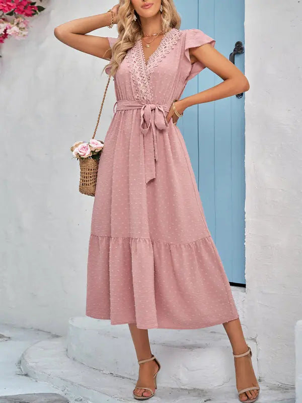solid color tie waist lace V-neck dress BLUE ZONE PLANET