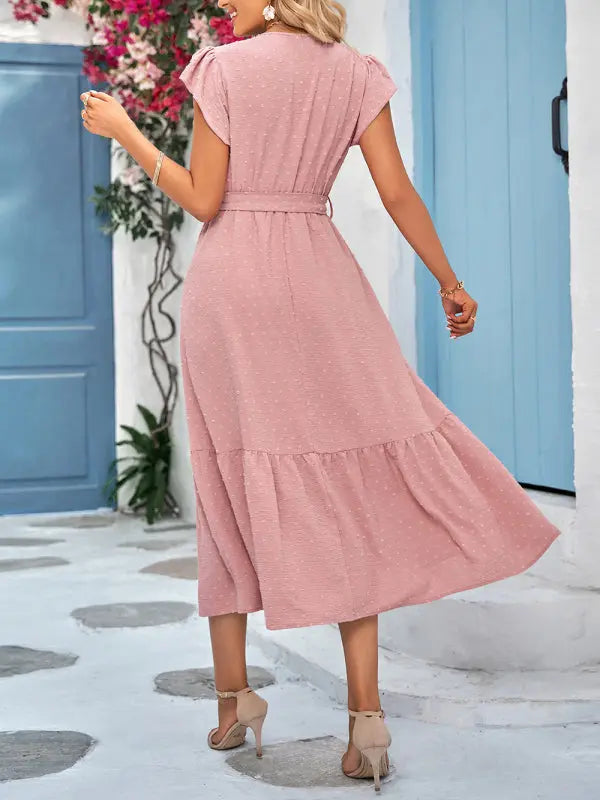 solid color tie waist lace V-neck dress BLUE ZONE PLANET