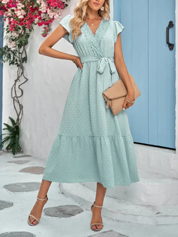 solid color tie waist lace V-neck dress BLUE ZONE PLANET