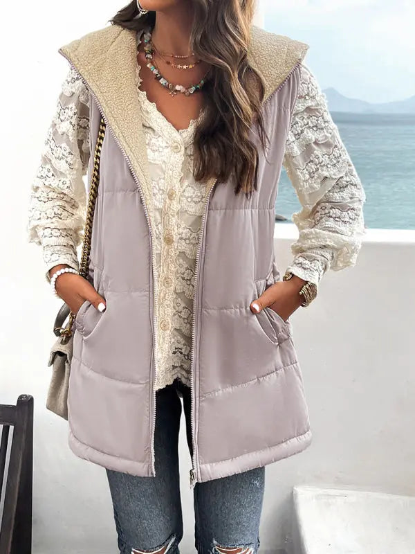 solid color winter loose commuting mid-length hooded cotton coat BLUE ZONE PLANET