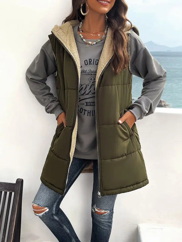 solid color winter loose commuting mid-length hooded cotton coat BLUE ZONE PLANET