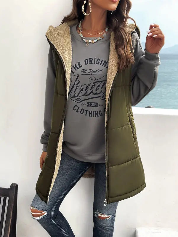 solid color winter loose commuting mid-length hooded cotton coat BLUE ZONE PLANET