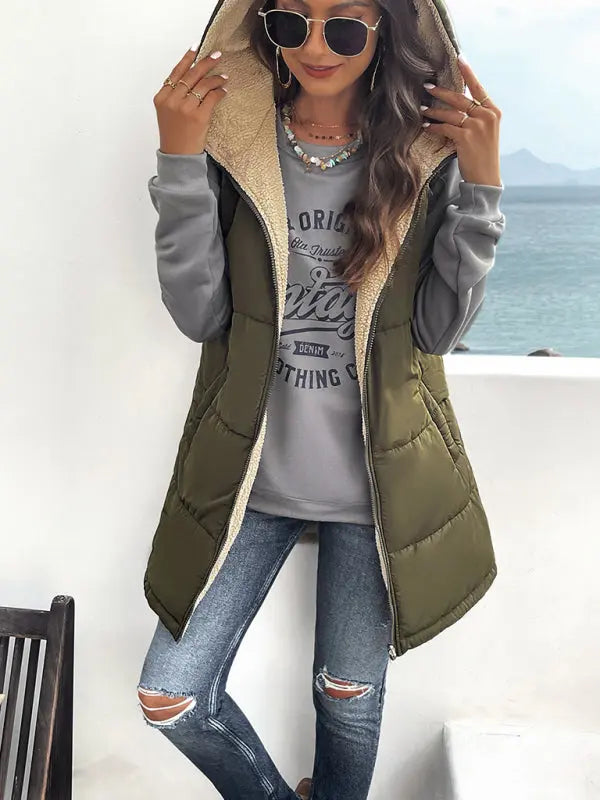 solid color winter loose commuting mid-length hooded cotton coat BLUE ZONE PLANET