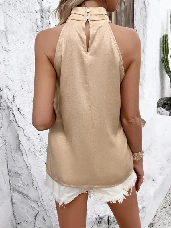style solid color sleeveless collar pleated top kakaclo