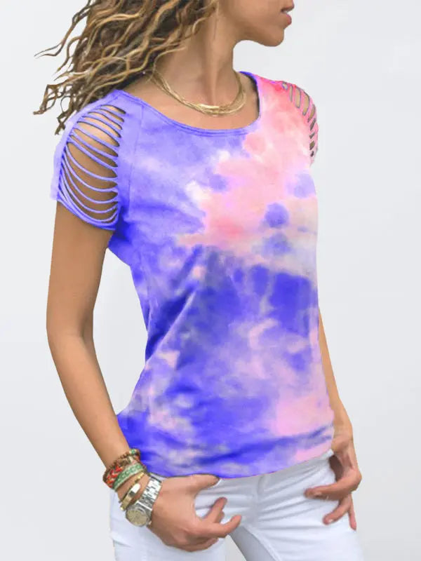 tie-dye ripped burnt off-the-shoulder short-sleeved T-shirt kakaclo
