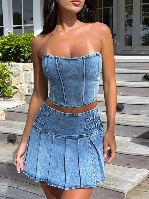 tube top and sleeveless hottie exposed navel high waist slit skirt denim suit kakaclo