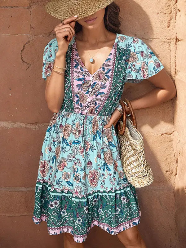 v-neck bohemian style dress kakaclo