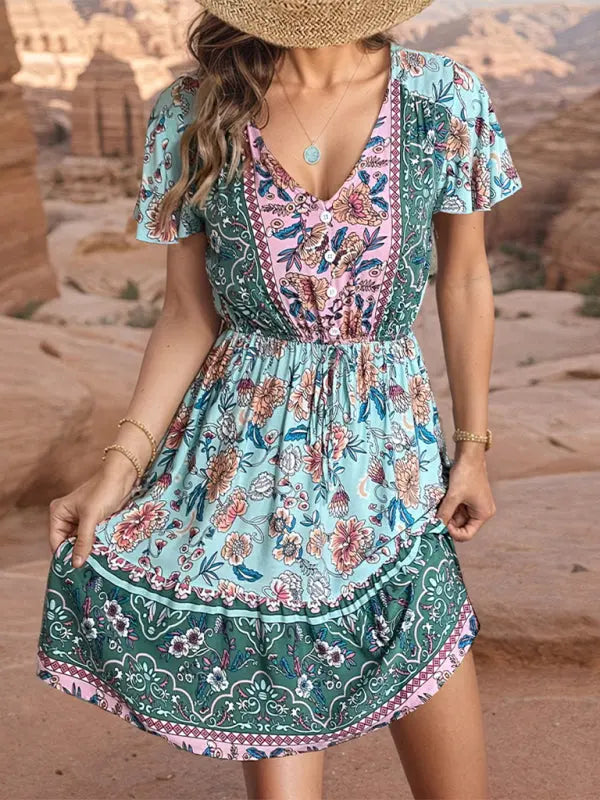 v-neck bohemian style dress kakaclo