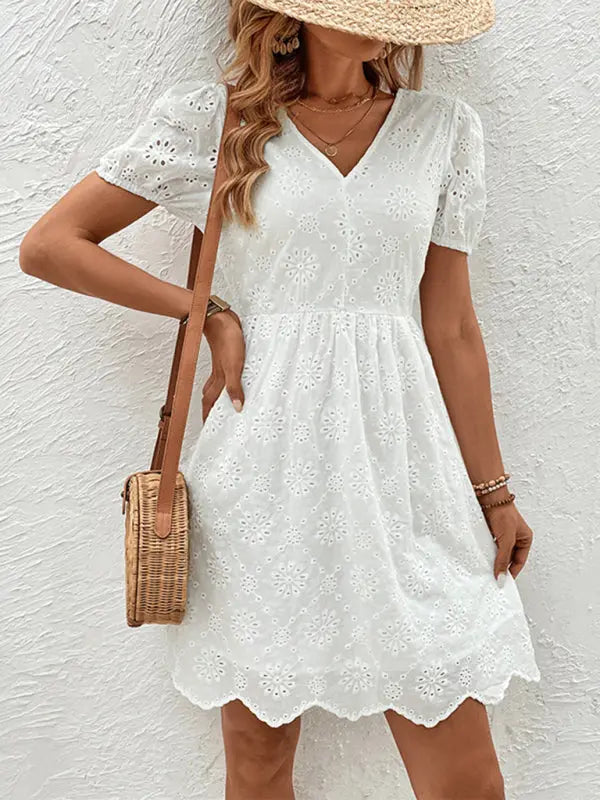 v-neck puff sleeve white dress BLUE ZONE PLANET