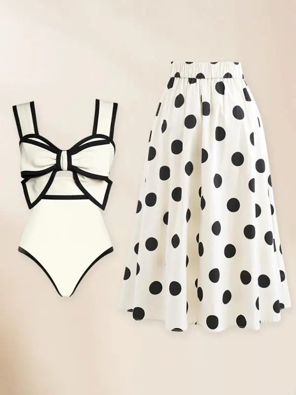 vacation bow one-piece swimsuit + polka dot print skirt (single piece) BLUE ZONE PLANET