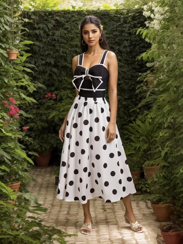 vacation bow one-piece swimsuit + polka dot print skirt (single piece) BLUE ZONE PLANET