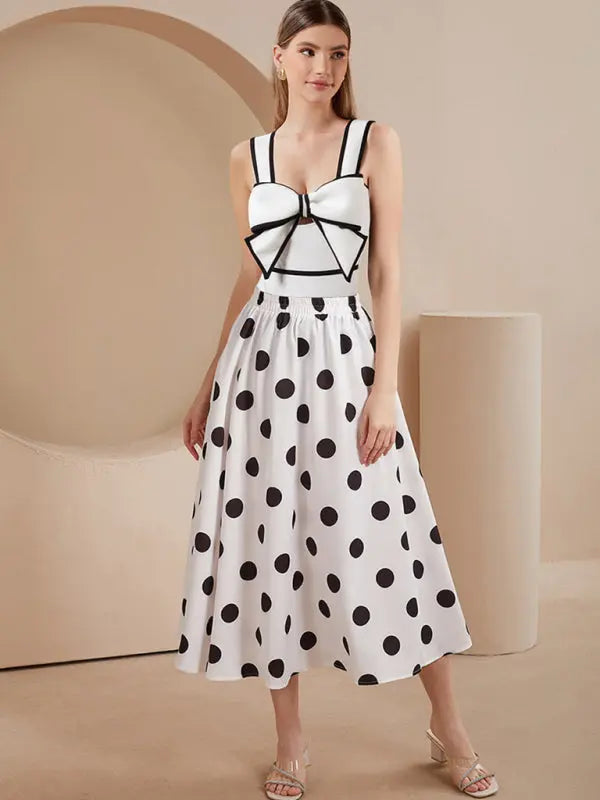 vacation bow one-piece swimsuit + polka dot print skirt (single piece) BLUE ZONE PLANET