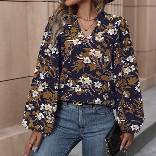 Blue Zone Planet | floral V-neck floral print long-sleeved French retro shirt BLUE ZONE PLANET