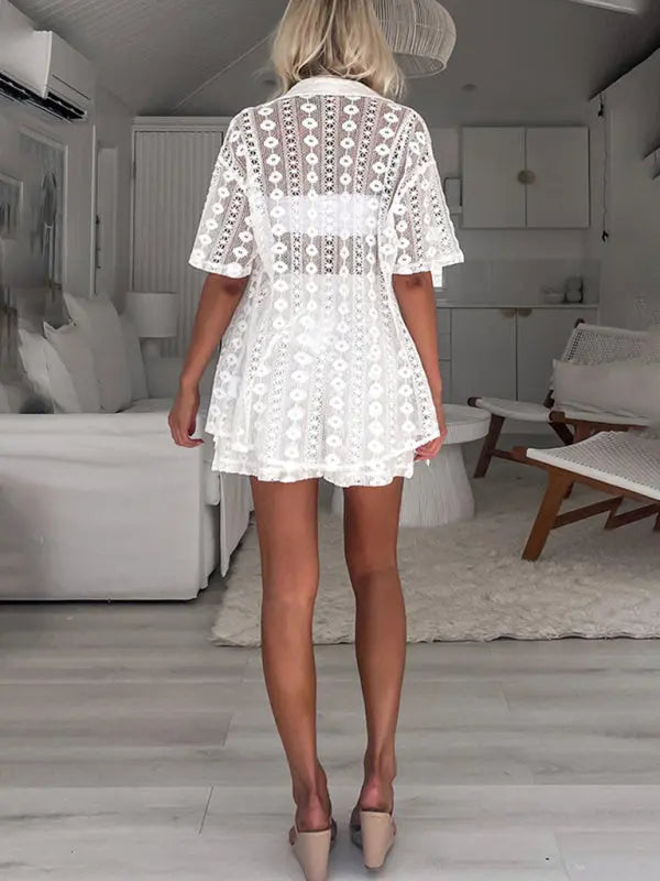 white lace hollow short-sleeved cardigan + shorts two-piece suit BLUE ZONE PLANET