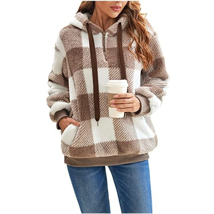 Blue Zone Planet | Long sleeve hooded plaid plush sweatshirt BLUE ZONE PLANET