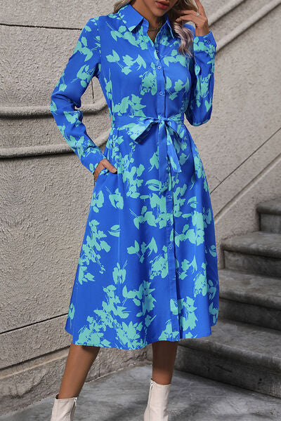 Printed Button Up Tie Waist Dress Trendsi