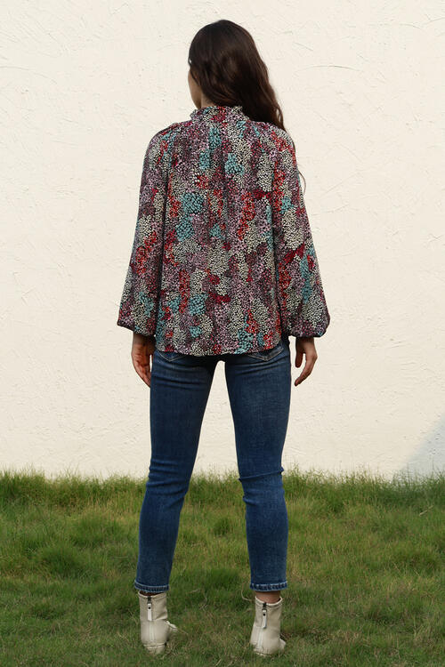 Tie Neck Heathered Balloon Sleeve Blouse BLUE ZONE PLANET