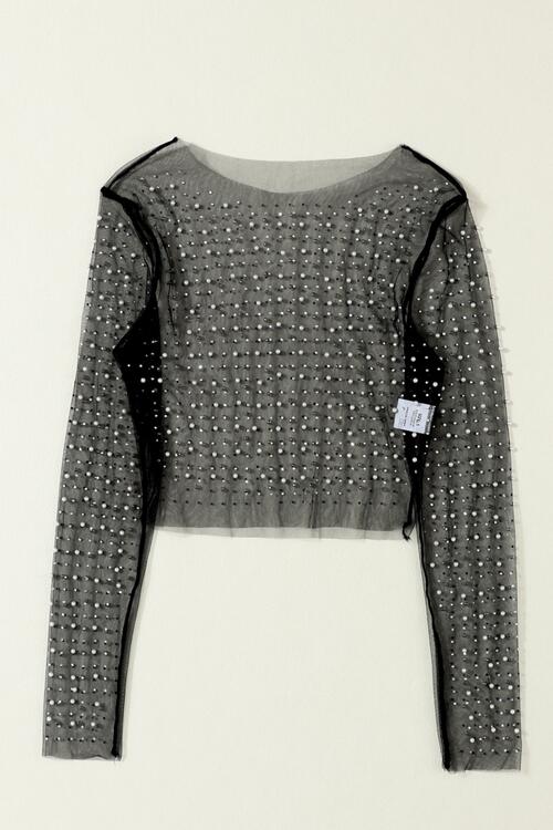 Pearl Long Sleeve Mesh Cropped Top BLUE ZONE PLANET