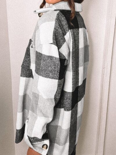 Blue Zone Planet | Plaid Pocketed Dropped Shoulder Button Up Jacket BLUE ZONE PLANET
