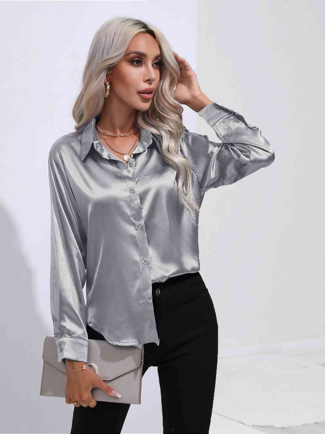 Collared Neck Buttoned Long Sleeve Shirt BLUE ZONE PLANET