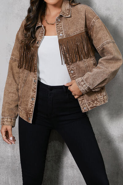 Fringe Trim Snap Down Denim Jacket BLUE ZONE PLANET