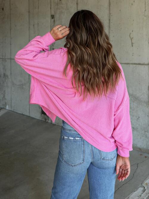 Ribbed Collared Neck Button Up Jacket BLUE ZONE PLANET